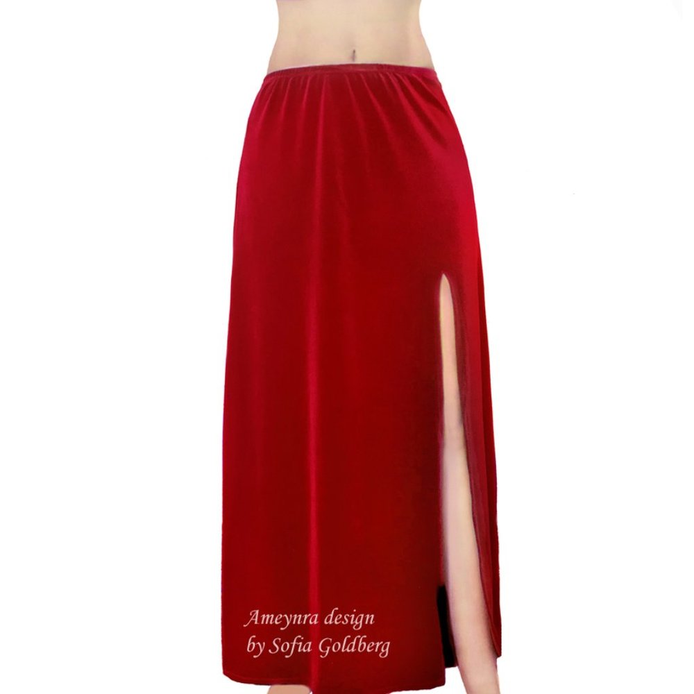 Dark-Red Stretch Velvet Skirt 1-Slit. Ameynra